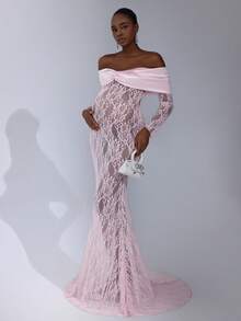 Cheriluna Maternity 孕妇写真露肩长袖连衣裙，正面蝴蝶结设计，收腰，美人鱼蕾丝下摆长裙 - 粉色 - 查看 1