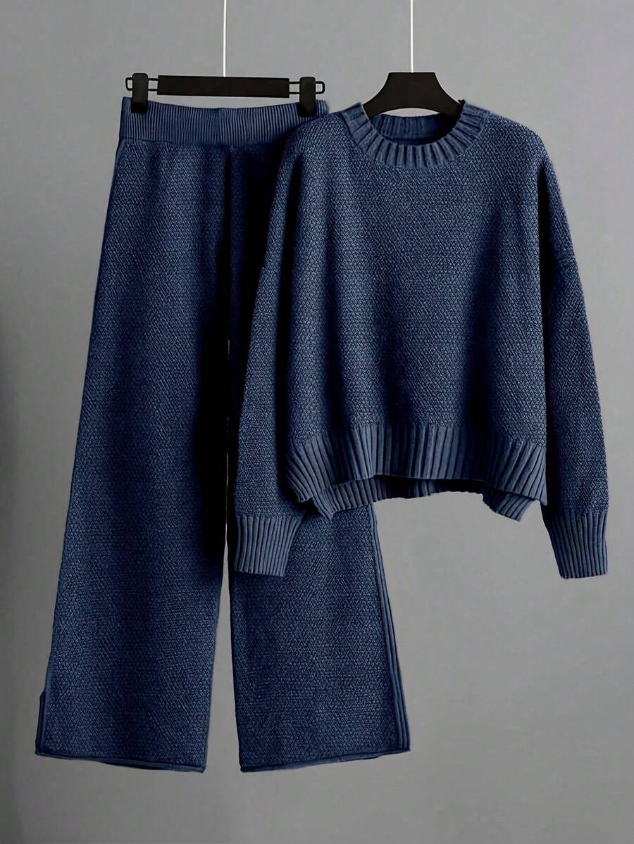 Franclia 2 piezas Conjunto de suéter y pantalones de punto de unicolor, casual para otoño/invierno - azul real - Ver 1
