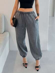 Shopreo Washed Drawstring Waist Joggers Spring Vacation Casual Airport Summer Active Graduation, Teacher Outfits For Women, Back To School Fall, Autumn, Winter Christmas - Dark Grey - View 5