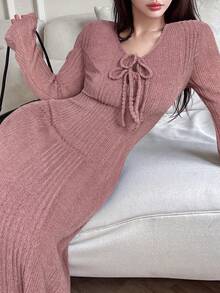 Modelyn 女士优雅通勤纯色喇叭袖连衣裙 - 粉色 - 查看 6