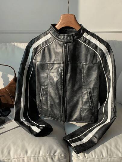 Comfortcana Striped Side-Zip Cropped Jacket For Everyday Wear, Retro Distressed, Perfect For Back To School In Fall/Winter