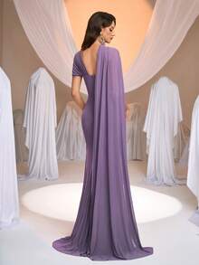 Aureia Elegant & Luxurious Light Purple Elastic Knit Ruched Asymmetrical Neckline Flounce A-Line Bridesmaid Dress - Dusty Purple - View 3