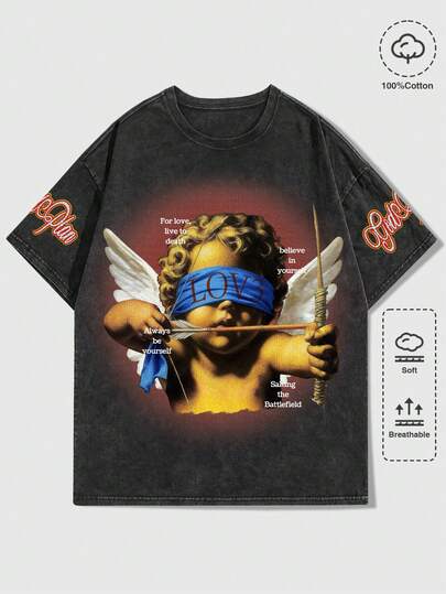 ROMWE MEN Street Life Men's Vintage Washed Corpse Bride Graphic Short Sleeve T-Shirt