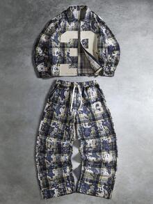 Manfinity EMRG 男士复古格纹夹克和抽绳腰裤两件套，年轻街头风，做旧效果，长袖衬衫式夹克，宽松长裤，经典格纹图案搭配做旧纹理，简约数字点缀，百搭休闲、街头风、户外活动、主题派对、时尚穿搭，也是送给男友/丈夫的节日礼物 - 藏蓝色 - 查看 1
