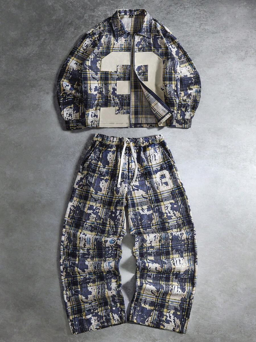 Manfinity EMRG 男士复古格纹夹克和抽绳腰裤两件套，年轻街头风，做旧效果，长袖衬衫式夹克，宽松长裤，经典格纹图案搭配做旧纹理，简约数字点缀，百搭休闲、街头风、户外活动、主题派对、时尚穿搭，也是送给男友/丈夫的节日礼物 - 藏蓝色 - 查看 1