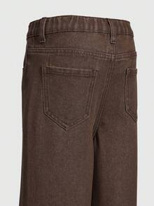 SHEIN Explorewe Denimly 女童休闲简约学院风牛仔裤，松紧腰，拉链闭合，水洗牛仔七分裤 - 棕色 - 查看 3