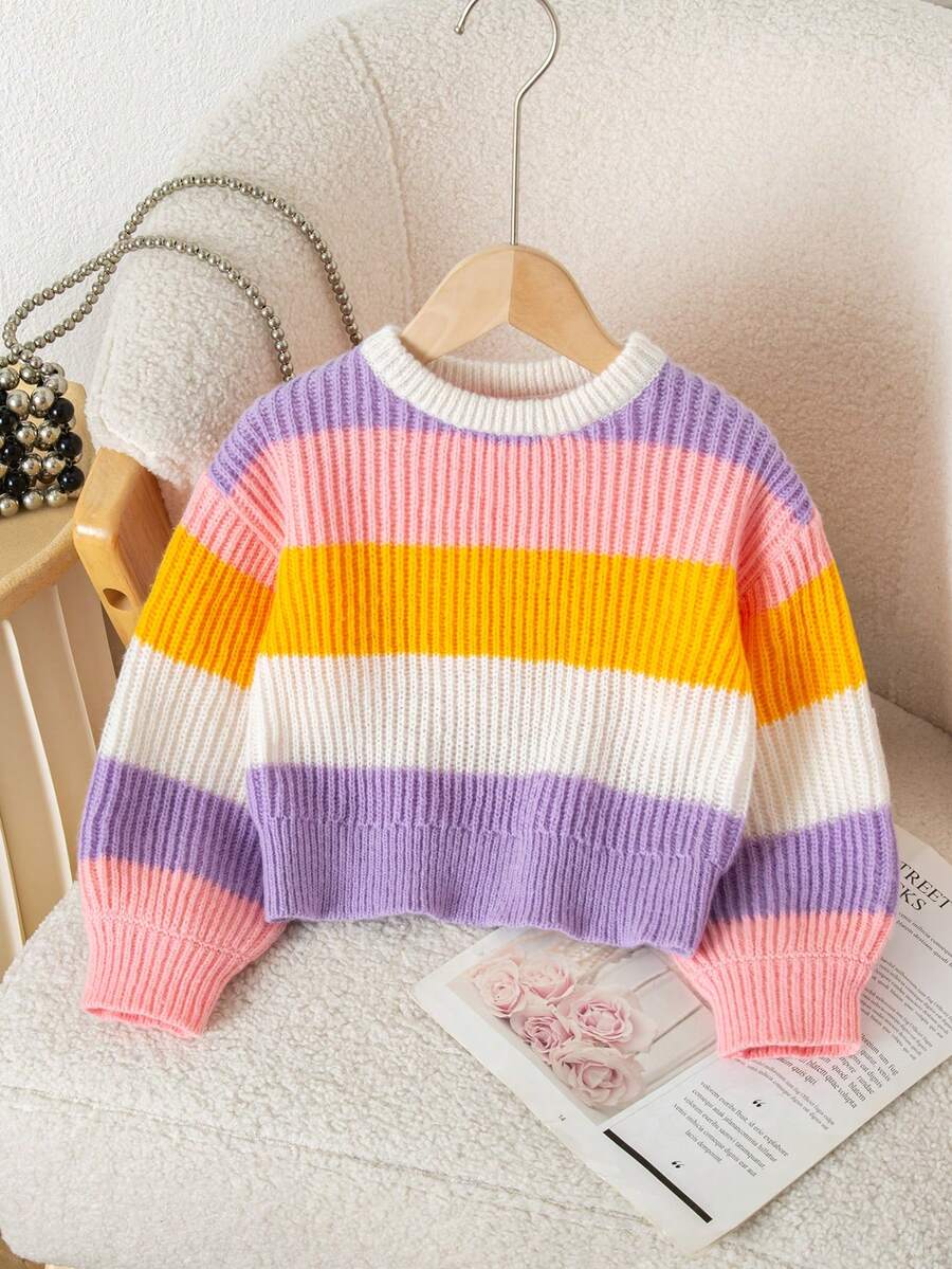 SHEIN 女童条纹印花圆领短款长袖毛衣 - 彩色 - 查看 1