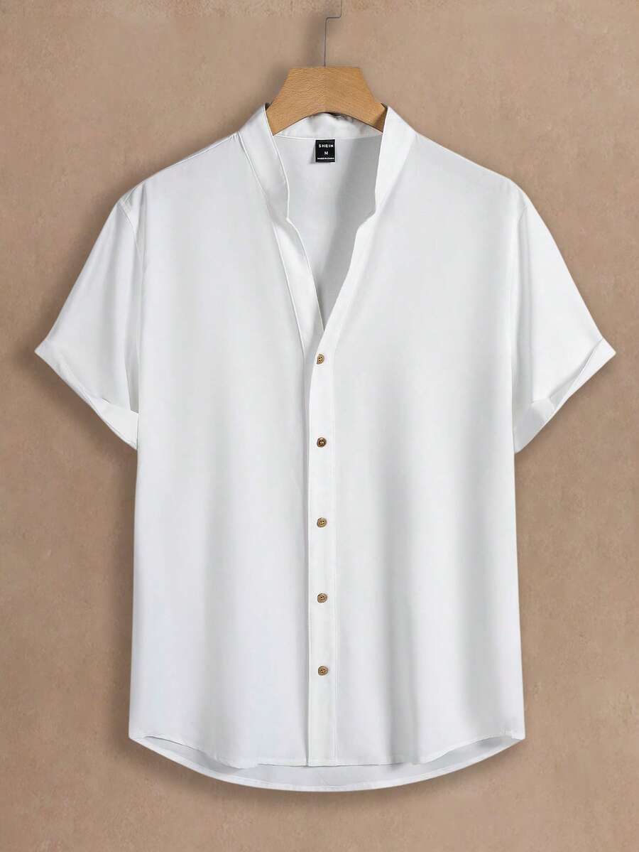 HIMLAND Men's Casual Solid Color Basic Button-Down Short Sleeve Shirt Men's Vacation Casual Style, INS Matched With A Knitted  Geometric Striped Crochet Textured Jacquard Loose Short-Sleeve Shirt. Featuring A Button Placket, This Shirt Embodies French Elegance And Romance, Making It Perfect For Hawaiian Beach Vacations, As Well As Music Festivals And Everyday Wear. It Also Serves As An Ideal Gift For Boyfriends Or Husbands. Men's Striped Short Sleeve Single-Breasted Casual Commuter Shirt, Cool Shirts For Men, Nice Shirts For Men, Men's Fashion Shirts - White - View 1