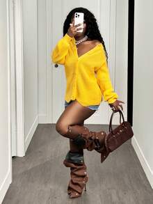 BamGleam Damen Langarm Strickjacke, einfarbig gelb, Knopfverschluss, retro-lässiger schicker minimalistischer Street-Style, Winter für Damen