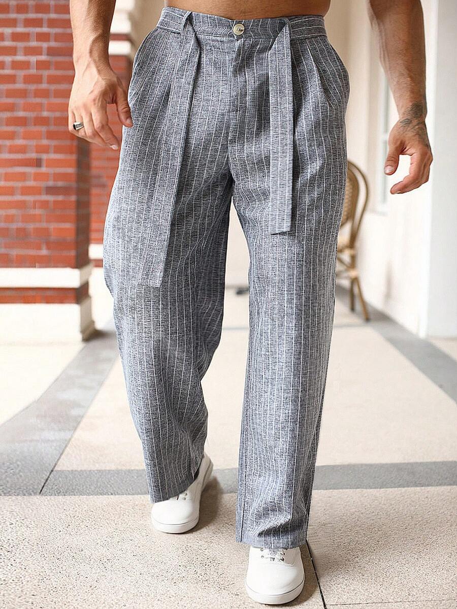 Manfinity Homme Quần vải lanh thô kẻ sọc cài nút phía trước cho nam, quần ống đứng dài có dây rút, dành cho chồng, quà tặng bạn trai, mùa thu - Xám - Xem 1
