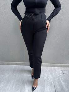 MDEdit Solid Belted Tapered Pants  Fall Cloth For Women - Black - View 3