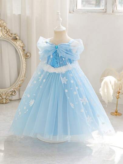 Glamorique Kids 女童公主裙，蓝色网纱连衣裙，蓝色公主裙，雪花印花网纱蓬蓬裙，白色毛边，蓝色亮片，派对礼服，优雅正式礼服，秋冬新款，四季皆宜，中东、欧洲和美洲，带披肩