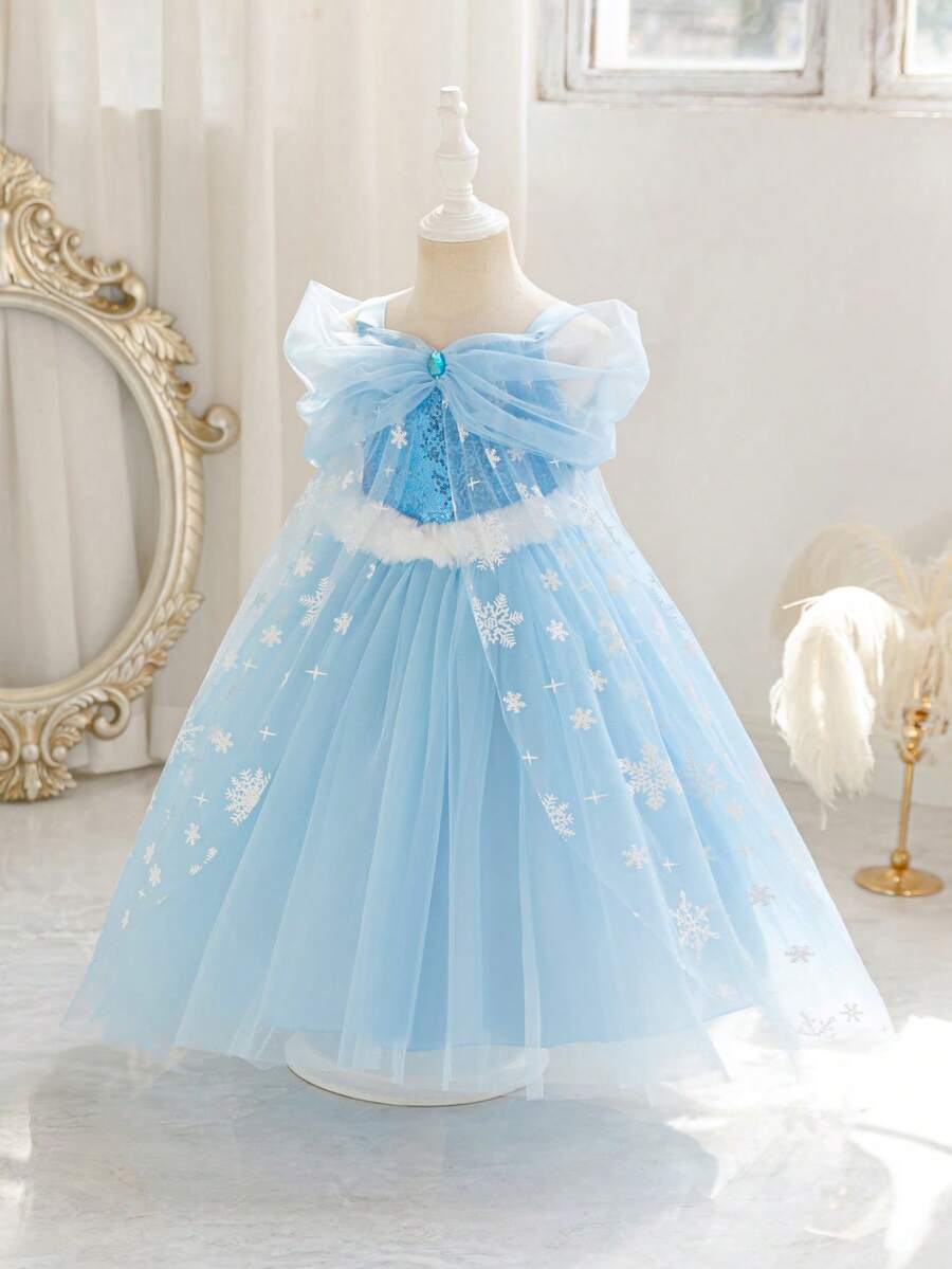 Glamorique Kids Princess Dress, Christmas Young Girl Dress, Party Wear, Santa Dress, New Year's Dress, Winter Clothes For Children, Birthday Party Ball Gown, COS Princess, Blue Mesh, Snowflake Print, Ombre Print, With Cape, Stage Performance, Middle Eastern, Luxurious Dress, Autumn/Winter New Arrival - Blue - View 1