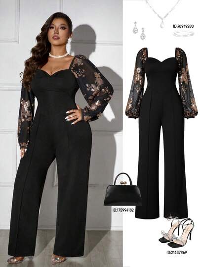 Femmeverse Plus Size Women Sequin Patchwork Backless Jumpsuit With Long Sleeves