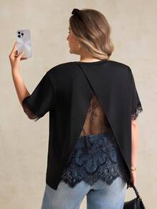 Elegantrix Plus Size Women's A-Line Contrast Lace Casual T-Shirt, Spring/Summer - Black - View 3