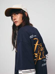 SURIMA 女士宽松休闲极简图案圆领短袖T恤 - 藏蓝色 - 查看 5