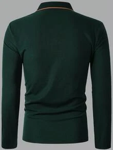 Manfinity Mode Men's Contrast Trim Half-Zip Casual Long Sleeve Polo Shirt Old Money,Daily Leisure, Weekend Trips, Outdoor Activities, Travel Expeditions, Relaxed Work Environments Or Semi-Formal Occasions, Boyfriend/Husband Gift, Anniversary /Birthday Gift Party Christmas New Years Wedding - Dark Green - View 2