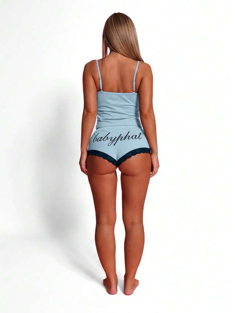 BABYPHAT Lounge Cami Top With Lace Trim V-Neck Adjustable Straps Soft Knit Fabric Comfort Sleepwear Intimate Casual Wear
