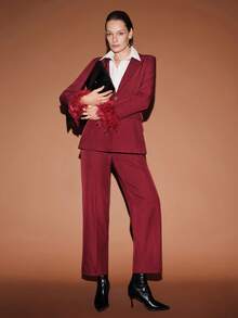 Lumivelle Women's Fashionable And Elegant Blazer With Faux Pockets And Fur Trim On The Shoulders, Perfect For Parties, Holidays, Commuting, Vacations, New Year's, Christmas, And Winter. A Sophisticated Autumn/Winter Blazer. - Burgundy - View 5