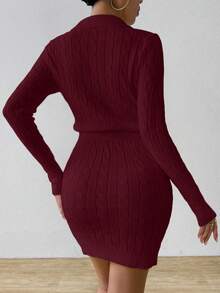 Rafferiza Pony Logo White Cable Knit Sweater, Embroidered Polo Collar Top, Fitted Sexy Dress - Burgundy - View 2