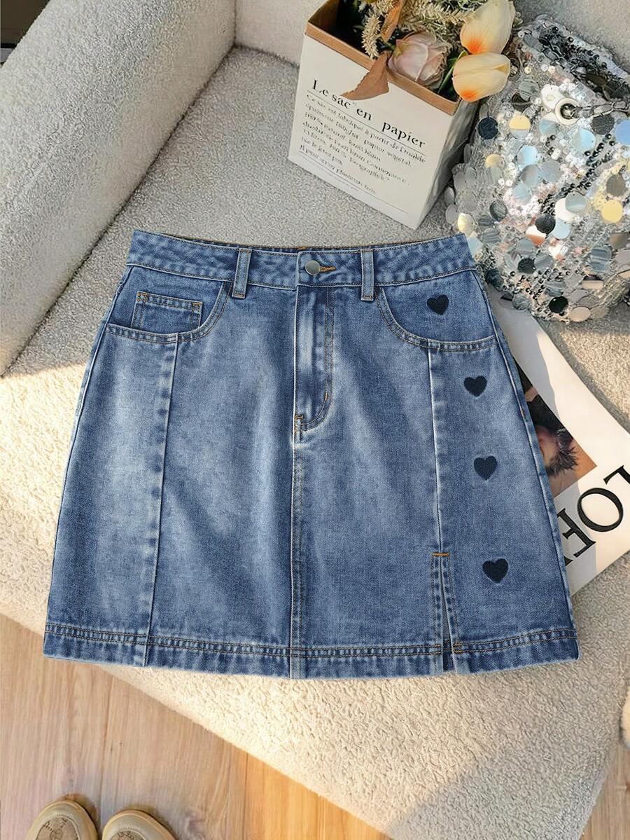 GlowEve Women's Elegant Heart Embroidery A-Line Skirt - Blue - View 1