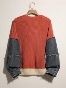 Easelle 复古拼接宽松圆领女式毛衣 - 彩色 - 查看 2