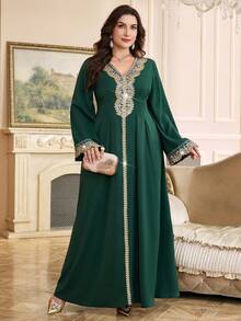 Al Najma Áo dài truyền thống Thổ Nhĩ Kỳ và Ả Rập cỡ lớn dành cho nữ - Màu xanh lá cây đậm - Xem 4
