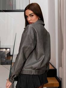 Bris Aura Vintage Washed PU Leather Lapel Loose Motorcycle Jacket  - Dark Grey - View 2