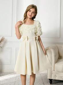 Tween Girls Elegant Party Solid Color 3D Floral Decor Dress - Apricot - View 4