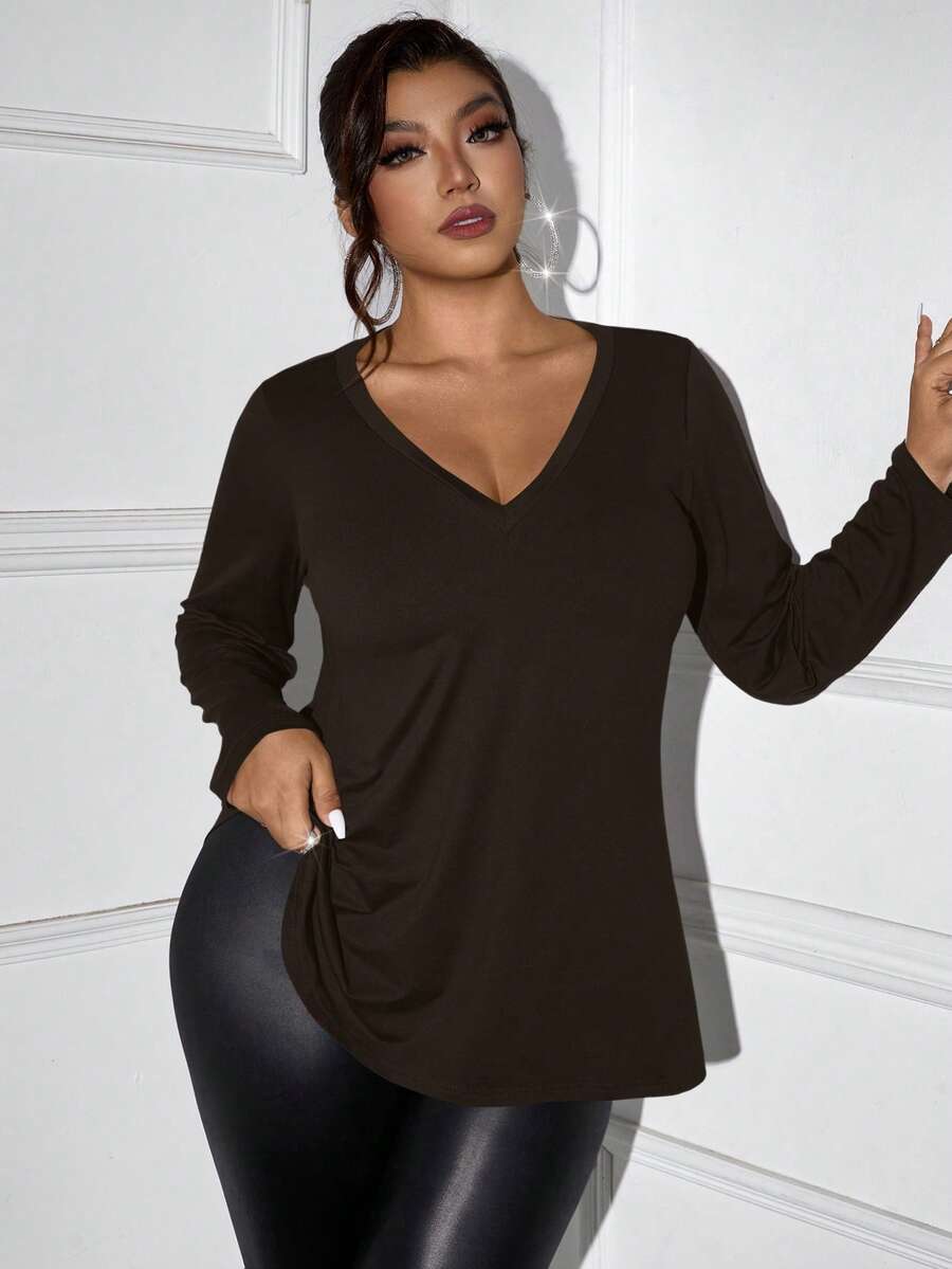 Femmeverse Áo thun tay dài cổ chữ V trơn cỡ lớn cho mùa xuân - màu nâu - Xem 1