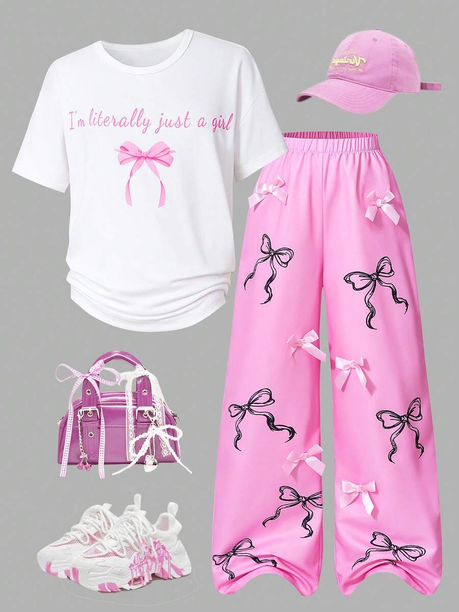 两件套女童亮粉色字母印花短袖上衣搭配牛仔布蝴蝶结裤，休闲街头风穿搭，春夏女童服装，夏季度假装 - 粉色 - 查看 1