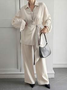 DAZY Women's Collared Pullover Shirt And Straight Loose Fit Pants 2 Pieces Casual Set - Apricot - View 5