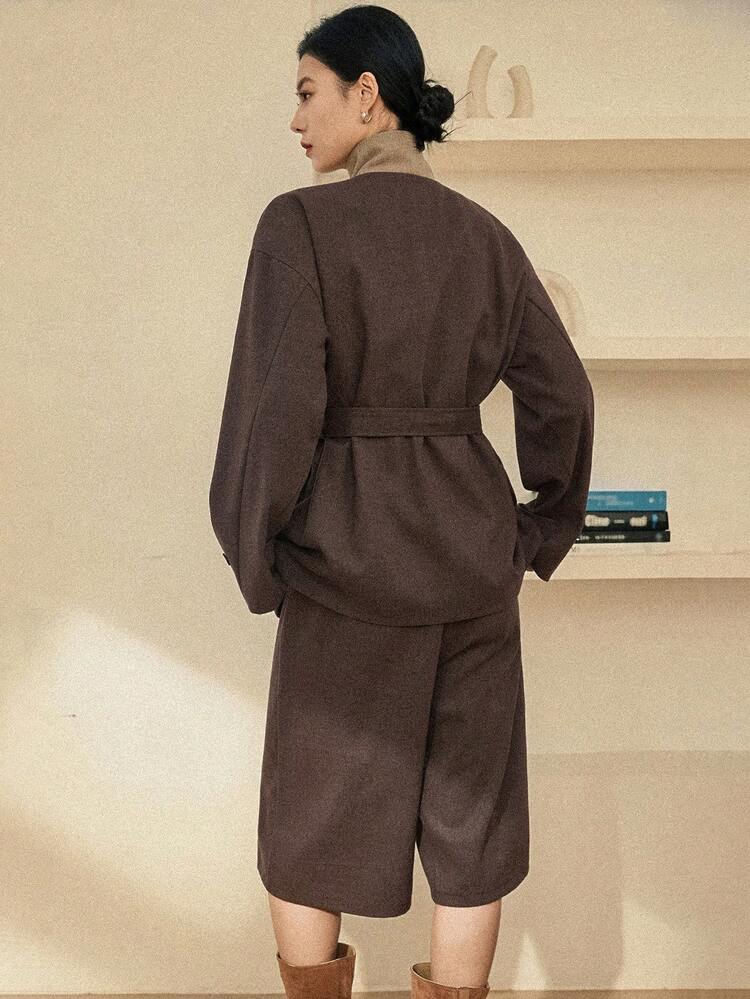 Women's Loose Business Casual Fashion Street Elegant Brown New Year Christmas Design Patchwork Cardigan And Straight Leg Pants 2 Pieces Set, Suitable For Autumn And Spring