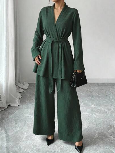 EURMUSE Women's Textured Kimono Co-Ords Set – Belted Kimono Sleeve Top & Wide Leg Elastic Waist Pants, Two Pieces Loose Fit Outfit, Elegant Lounge & Casual Wear