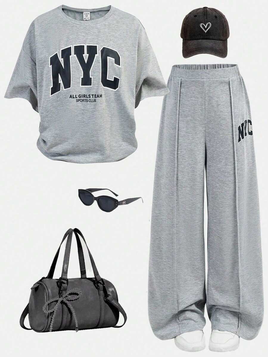 SHEIN Girls Casual Loose Fit Round Neck Letter Slogan & New York City Print Drop Shoulder Short Sleeve T-Shirt And Pleated Wide Leg Pants Set, Spring/Summer Girls Outfit Sets - Grey - View 1