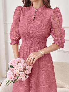 Modelyn Váy Maxi dự tiệc tối thanh lịch, cài nút ren, thắt eo - Bụi hồng - Xem 3
