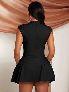 SHEIN SXY 春夏情人节派对婚礼季节宾客服装节日波西米亚风西式卡其色高弹斜纹面料深 V 领紧身胸衣结构无袖褶皱下摆修身迷你连衣裙 - 黑色 - 查看 6