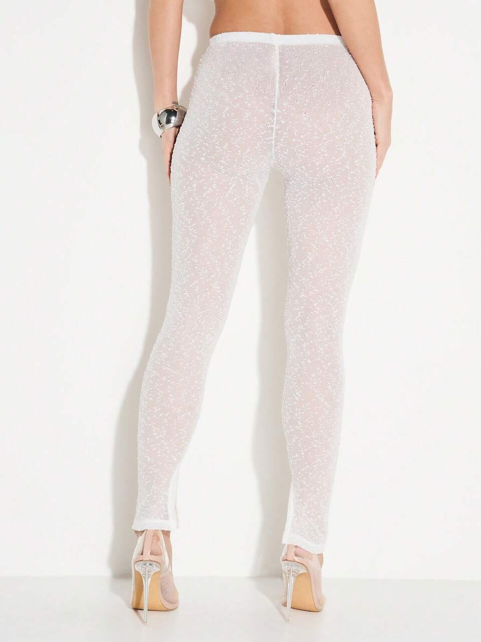 Leggings de lentejuelas blancas brillantes de cintura alta y longitud completa, con ajuste ceñido y dobladillo con abertura lateral, para fiestas, clubes, noches y declaración de moda glamorosa