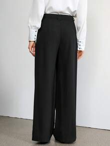 SHEIN Tall 女款休閒百搭純色高腰寬腿褲，適合高個女性 - 黑色 - 查看 3