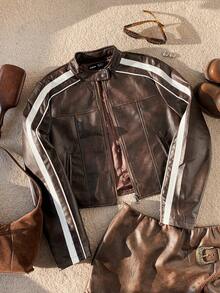 Comfortcana Women Striped Long Sleeve Casual Brown Faux Leather Motorcycle Cropped Jacket, Autumn - Brown - View 3
