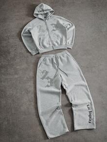 PAVTROS Conjunto de sudadera con capucha con cremallera y estampado de letras y pantalón de chándal con cordón en la cintura para hombre - Gris - Ver 3