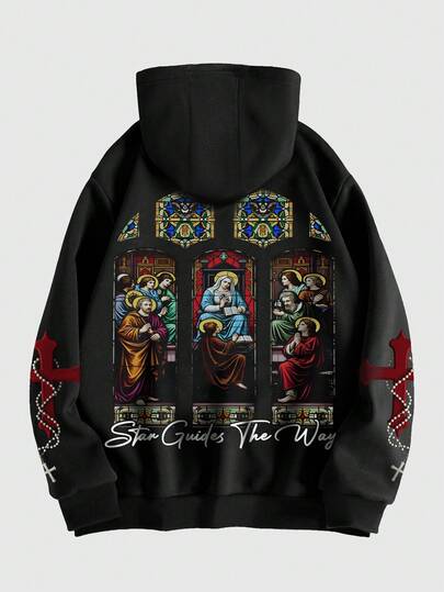 Goth Felpa casual con cappuccio a maniche lunghe, design a croce alla moda