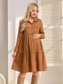 SHEIN Vestido de manga larga con botones frontales, volantes en el bajo y unicolor para embarazadas, para uso casual y de oficina - Marrón - Ver 4