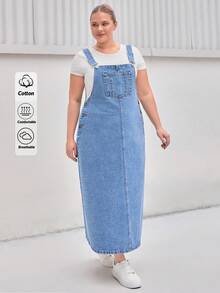 SHEIN Cottnline فستان جينز كاجوال طويل للنساء مقاسات كبيرة - أزرق متوسط - مشاهدة 2