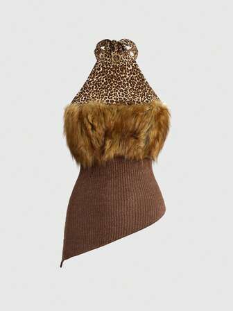 Grunge Punk Y2K Farbblock Leoparden-Muster Neckholder Bodycon Trägershirt