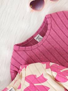 SHEIN Set de 6 topuri cu imprimeu fluturi și tiv curbat + pantaloni imprimați în culori solide, ținută drăguță, casual, versatilă, pentru toamnă - Roz - Vizualizare 6