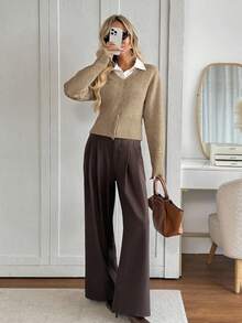 Easowa Áo len chui đầu cổ chữ V, viền khóa kéo, thoải mái, thường ngày dành cho nữ vào mùa thu/đông - Màu Khaki - Xem 7