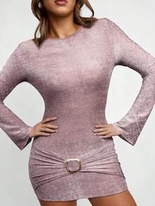 Avenya Váy len tay loe xếp ly thắt eo bằng sợi kim loại dành cho nữ - Màu Khaki - Xem 3