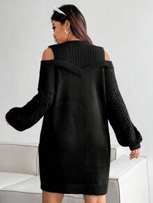 Vionelle Vestido de suéter de invierno con hombros descubiertos, cuello alto, manga farol y detalles sexys, de punto suave en gris, para mujeres de talla grande - Negro - Ver 2