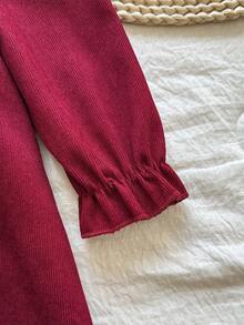 Vintaside Kids 女童花卉刺绣长袖修身连衣裙，甜美风格，适合外出、休闲穿着、生日派对、节日庆典等场合，春秋季穿着。 - 酒紅色 - 查看 4